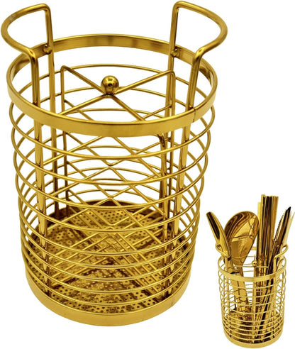 Gold Kitchen Divided Organizer, Kitchen Countertop Holder for Serving Utensils, Stainless Steel Mesh Storage Baskets for Holding Knife Fork Spoon