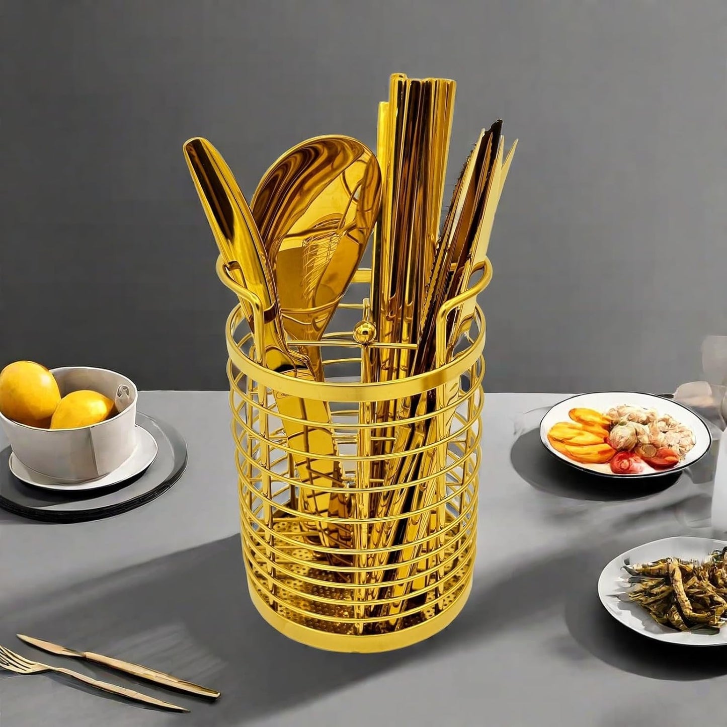 Gold Kitchen Divided Organizer, Kitchen Countertop Holder for Serving Utensils, Stainless Steel Mesh Storage Baskets for Holding Knife Fork Spoon