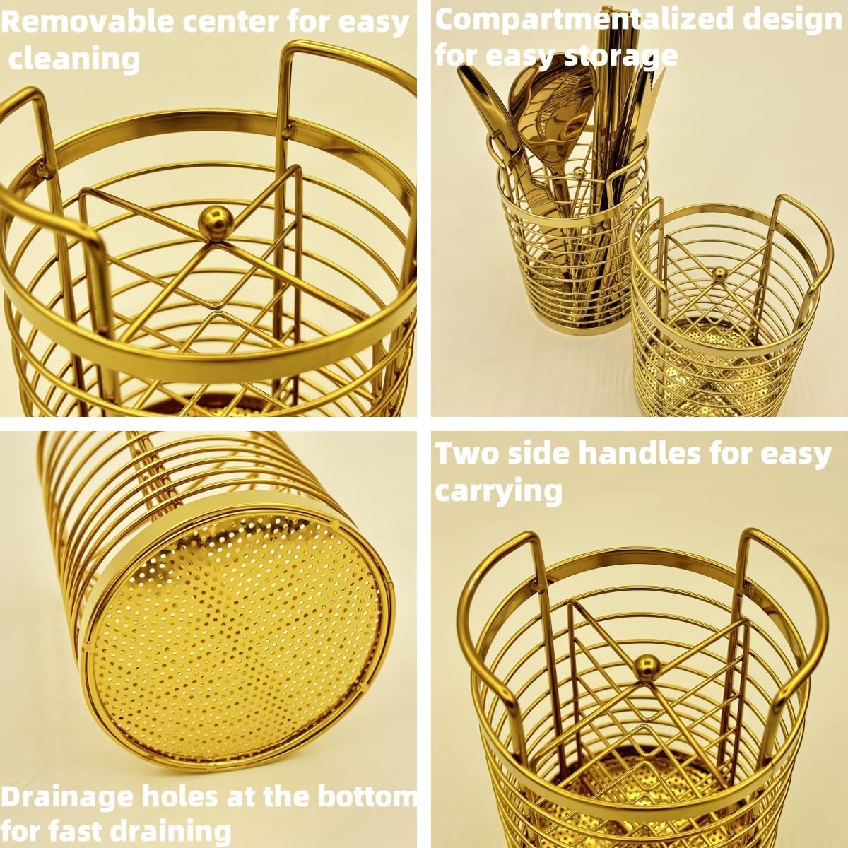 Gold Kitchen Divided Organizer, Kitchen Countertop Holder for Serving Utensils, Stainless Steel Mesh Storage Baskets for Holding Knife Fork Spoon