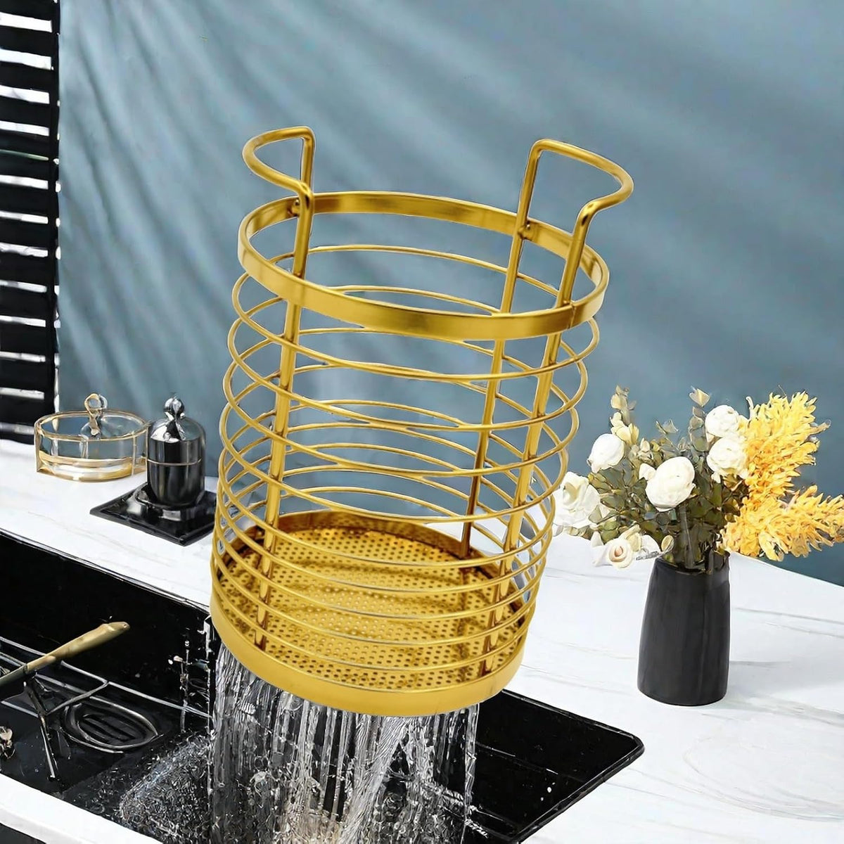 Gold Kitchen Divided Organizer, Kitchen Countertop Holder for Serving Utensils, Stainless Steel Mesh Storage Baskets for Holding Knife Fork Spoon