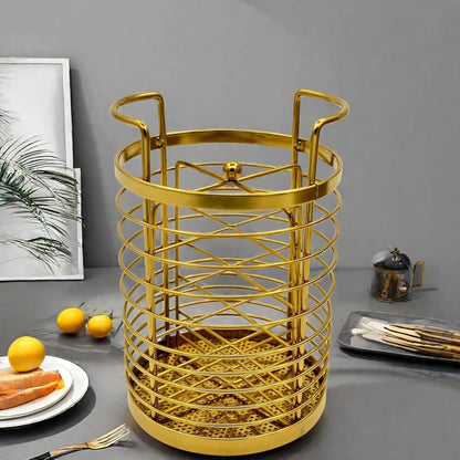 Gold Kitchen Divided Organizer, Kitchen Countertop Holder for Serving Utensils, Stainless Steel Mesh Storage Baskets for Holding Knife Fork Spoon
