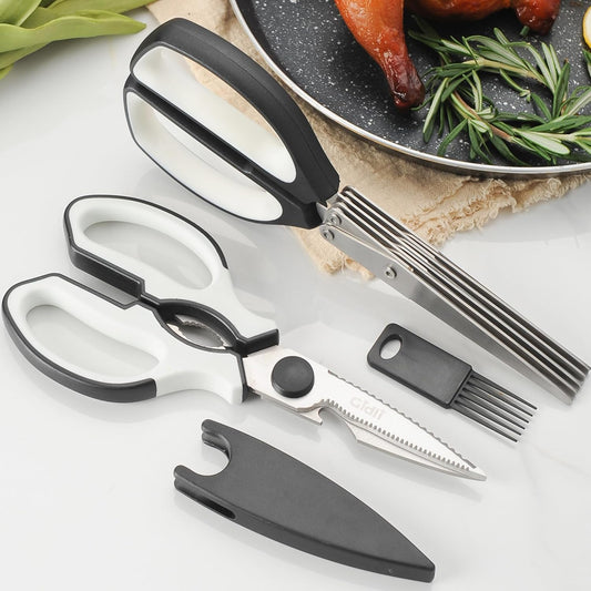 5 Blade Herb Scissors Set with Kitchen Shears - Lifetime Replace. Warranty* | Heavy Duty Sharp Kitchen Shears - Stainless Steel Vegetable Scissors for Herbs and Salad Prep - Dishwasher Safe, 2 Pack