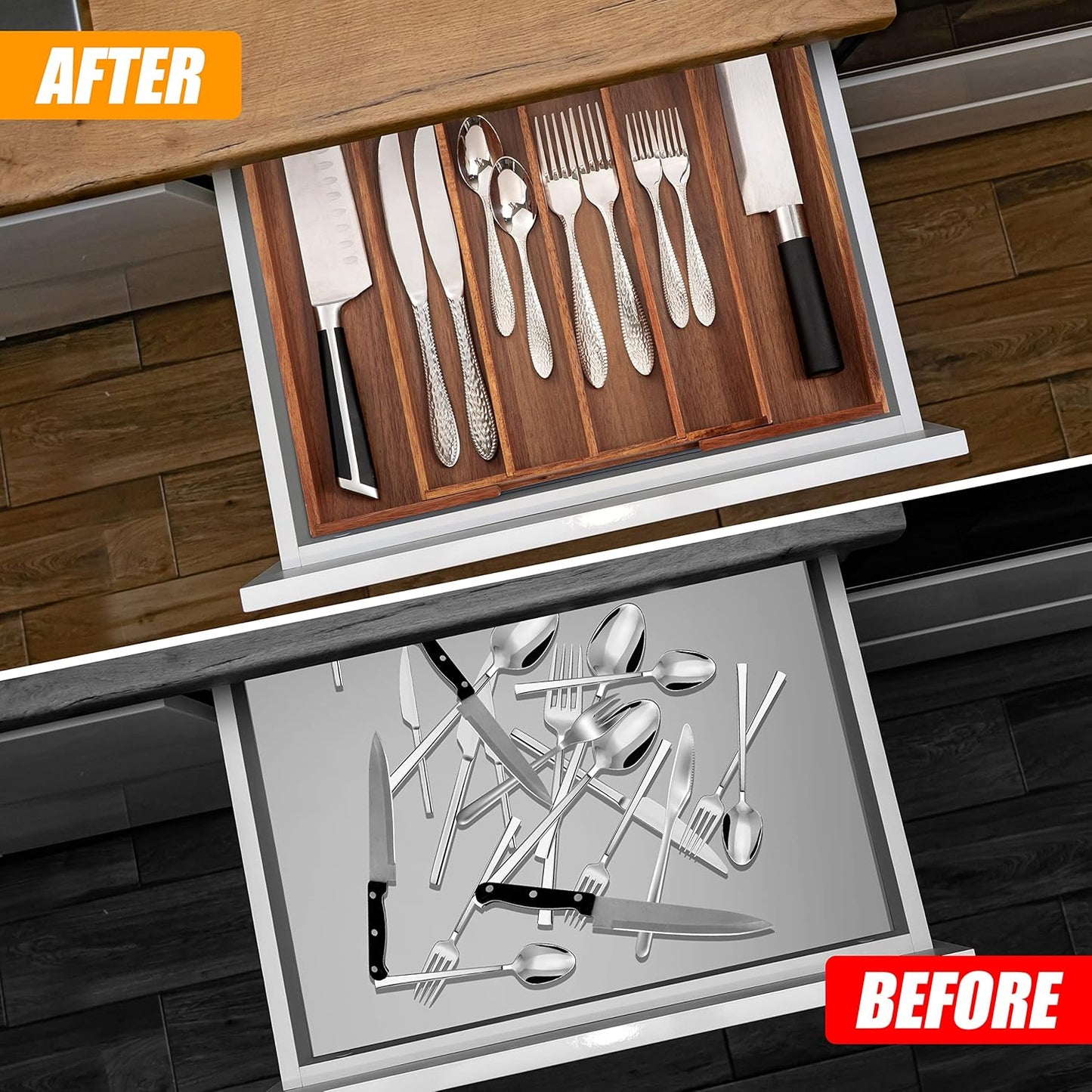 Silverware Organizer Kitchen Drawer Organizer Expandable Bamboo Utensil Holder Cutlery Tray for Kitchen Utensil and Flatware Bedroom Office