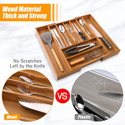 Silverware Organizer Kitchen Drawer Organizer Expandable Bamboo Utensil Holder Cutlery Tray for Kitchen Utensil and Flatware Bedroom Office