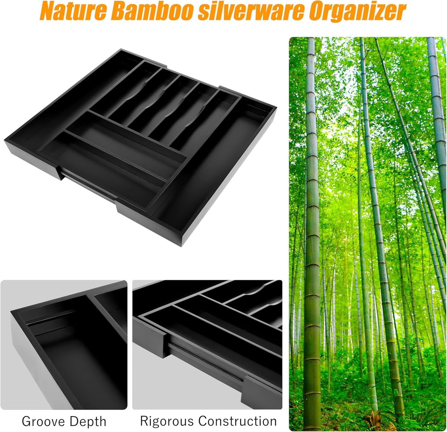 Silverware Organizer Kitchen Drawer Organizer Expandable Bamboo Utensil Holder Cutlery Tray for Kitchen Utensil and Flatware Bedroom Office