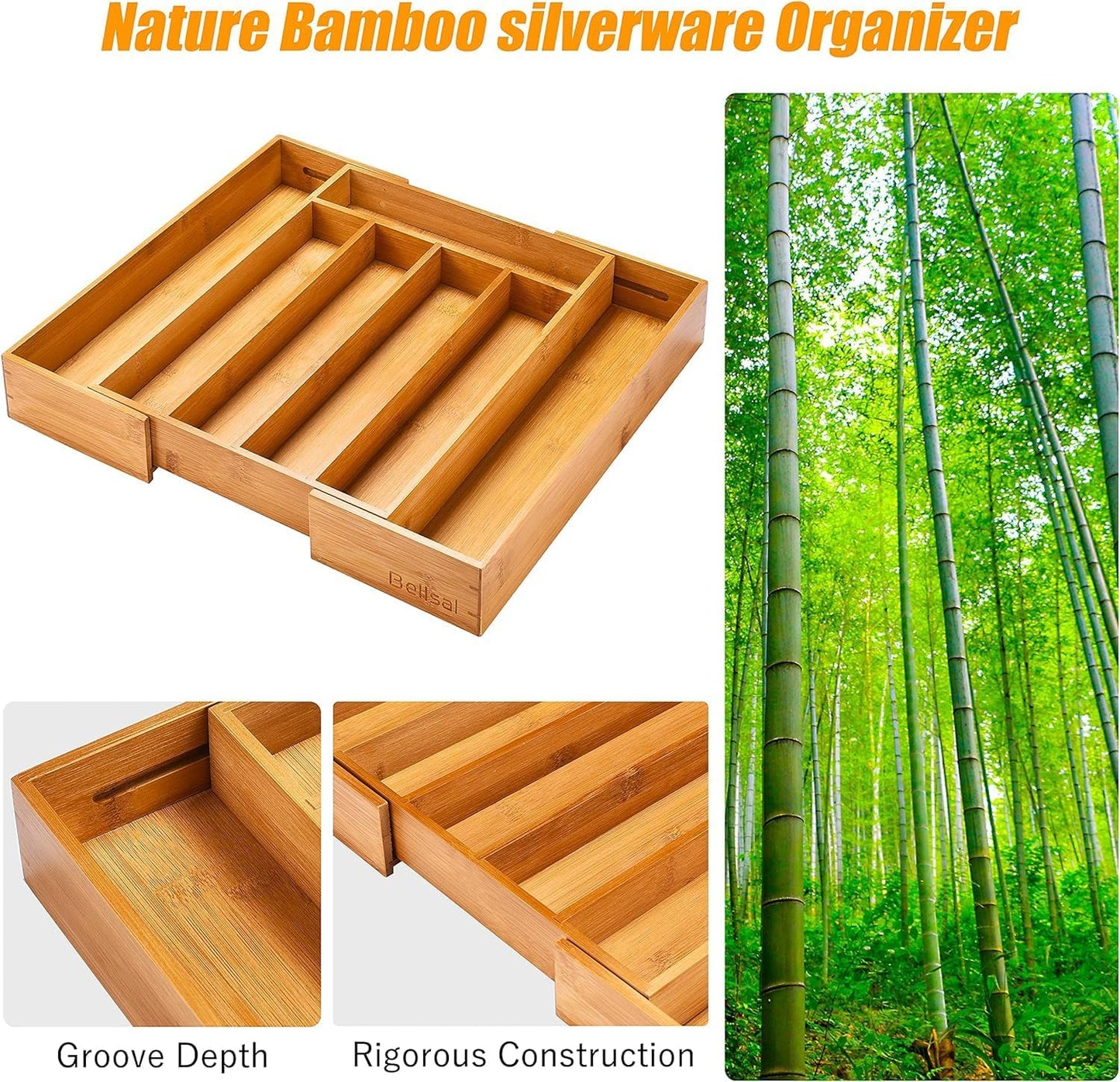 Silverware Organizer Kitchen Drawer Organizer Expandable Bamboo Utensil Holder Cutlery Tray for Kitchen Utensil and Flatware Bedroom Office