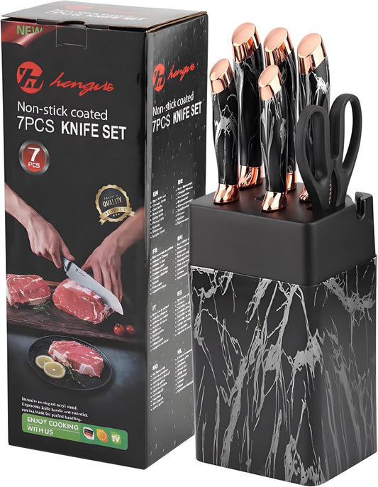 Kitchen Block Knife Set 7Pcs with Sharpener, Forged Cutlery with Razor-Sharp Stainless Steel Blades Anti-Rust Kitchen Knife Block Set, Ergonomical Design (black)