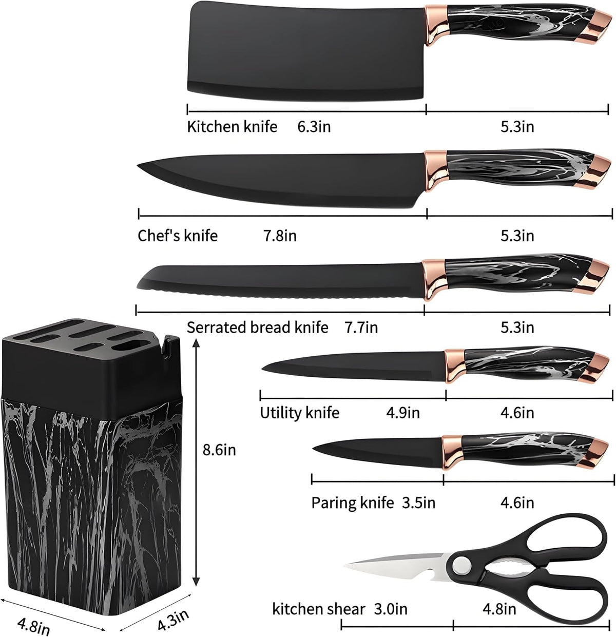 Kitchen Block Knife Set 7Pcs with Sharpener, Forged Cutlery with Razor-Sharp Stainless Steel Blades Anti-Rust Kitchen Knife Block Set, Ergonomical Design (black)