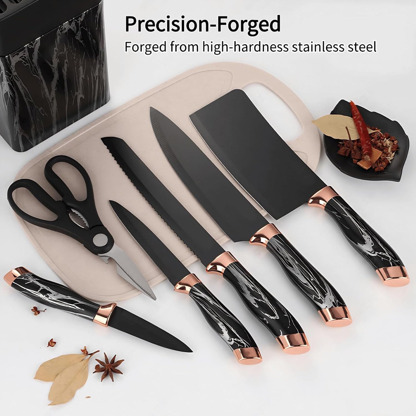 Kitchen Block Knife Set 7Pcs with Sharpener, Forged Cutlery with Razor-Sharp Stainless Steel Blades Anti-Rust Kitchen Knife Block Set, Ergonomical Design (black)