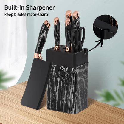 Kitchen Block Knife Set 7Pcs with Sharpener, Forged Cutlery with Razor-Sharp Stainless Steel Blades Anti-Rust Kitchen Knife Block Set, Ergonomical Design (black)