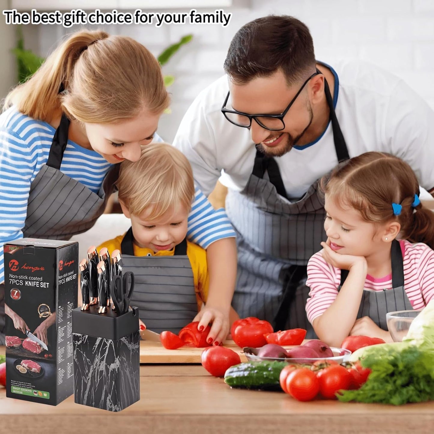 Kitchen Block Knife Set 7Pcs with Sharpener, Forged Cutlery with Razor-Sharp Stainless Steel Blades Anti-Rust Kitchen Knife Block Set, Ergonomical Design (black)