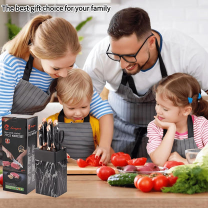 Kitchen Block Knife Set 7Pcs with Sharpener, Forged Cutlery with Razor-Sharp Stainless Steel Blades Anti-Rust Kitchen Knife Block Set, Ergonomical Design (black)