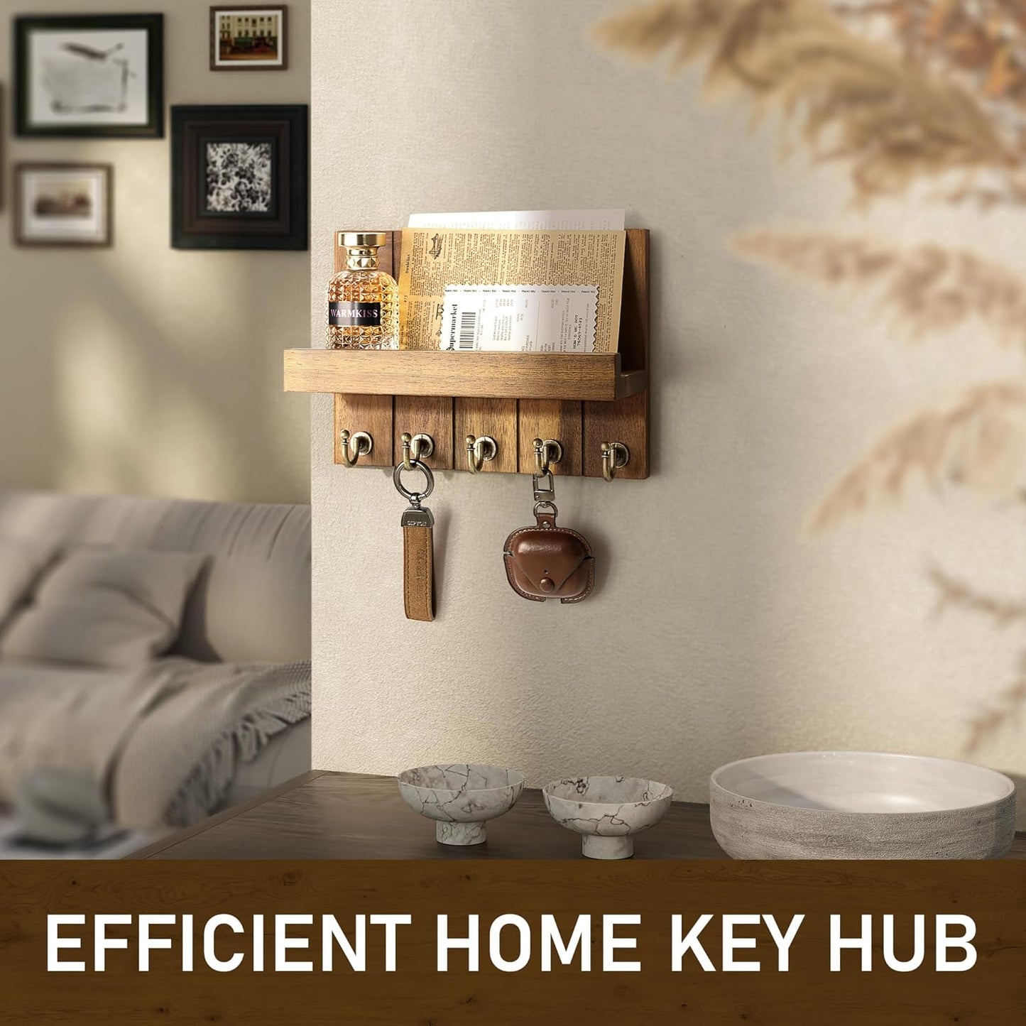 Decorative Key and Mail Holder for Wall - Farmhouse 15 Inches Floating Shelf with 7 Sturdy Key Hooks for Home Entryway Wall Decor - Rustic Key Racks (Black,15-inch)