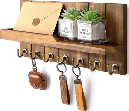 Decorative Key and Mail Holder for Wall - Farmhouse 15 Inches Floating Shelf with 7 Sturdy Key Hooks for Home Entryway Wall Decor - Rustic Key Racks (Black,15-inch)