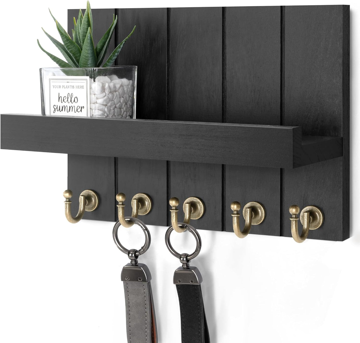 Decorative Key and Mail Holder for Wall - Farmhouse 15 Inches Floating Shelf with 7 Sturdy Key Hooks for Home Entryway Wall Decor - Rustic Key Racks (Black,15-inch)