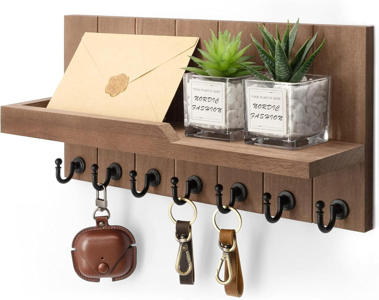 Decorative Key and Mail Holder for Wall - Farmhouse 15 Inches Floating Shelf with 7 Sturdy Key Hooks for Home Entryway Wall Decor - Rustic Key Racks (Black,15-inch)