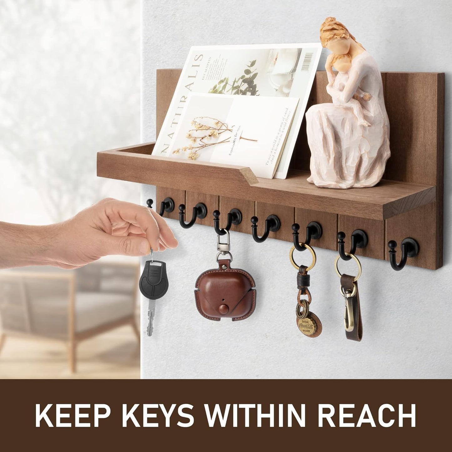 Decorative Key and Mail Holder for Wall - Farmhouse 15 Inches Floating Shelf with 7 Sturdy Key Hooks for Home Entryway Wall Decor - Rustic Key Racks (Black,15-inch)