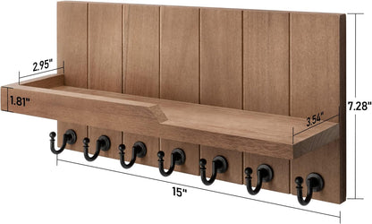 Decorative Key and Mail Holder for Wall - Farmhouse 15 Inches Floating Shelf with 7 Sturdy Key Hooks for Home Entryway Wall Decor - Rustic Key Racks (Black,15-inch)