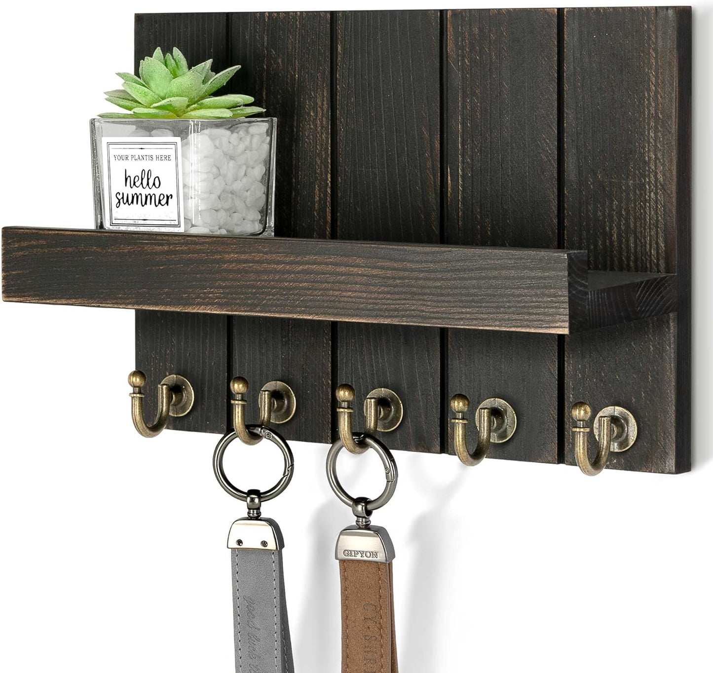 Decorative Key and Mail Holder for Wall - Farmhouse 15 Inches Floating Shelf with 7 Sturdy Key Hooks for Home Entryway Wall Decor - Rustic Key Racks (Black,15-inch)
