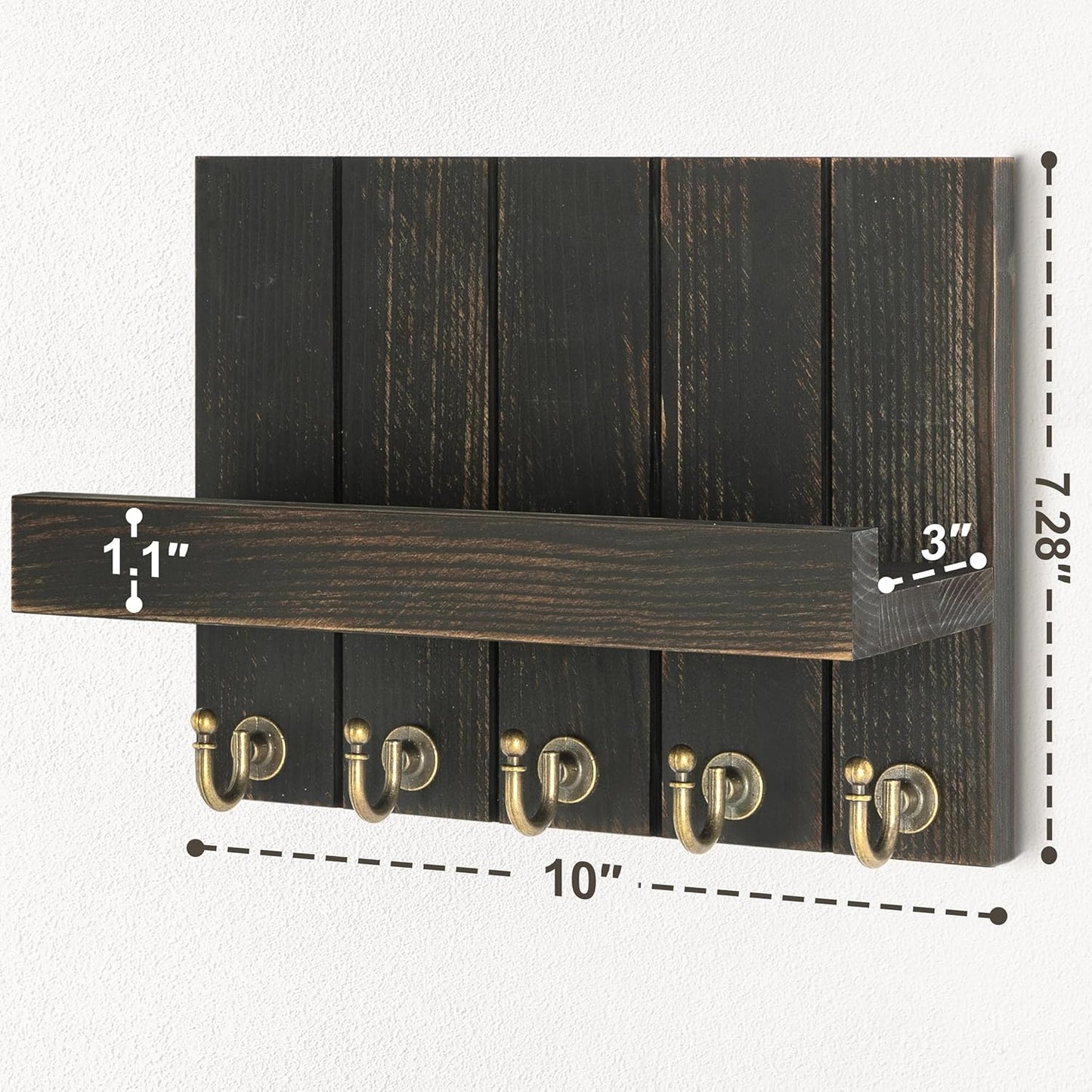 Decorative Key and Mail Holder for Wall - Farmhouse 15 Inches Floating Shelf with 7 Sturdy Key Hooks for Home Entryway Wall Decor - Rustic Key Racks (Black,15-inch)