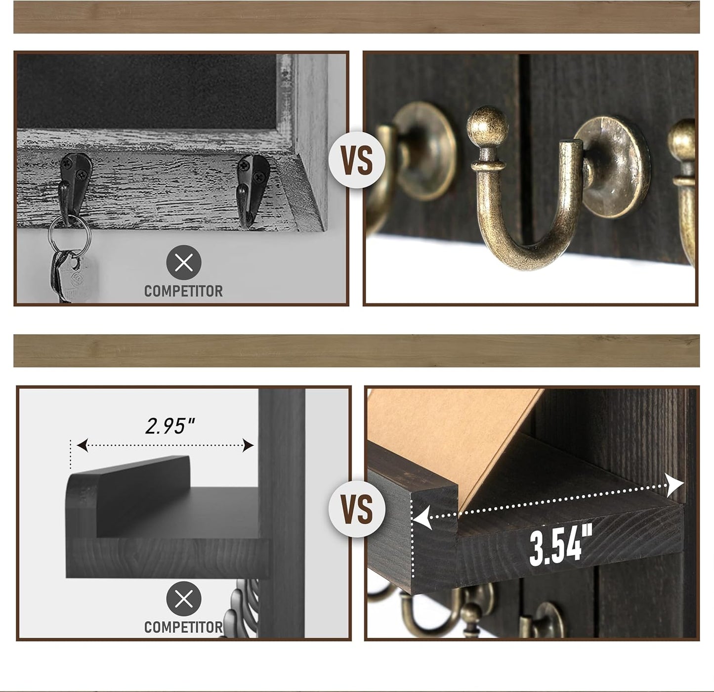 Decorative Key and Mail Holder for Wall - Farmhouse 15 Inches Floating Shelf with 7 Sturdy Key Hooks for Home Entryway Wall Decor - Rustic Key Racks (Black,15-inch)
