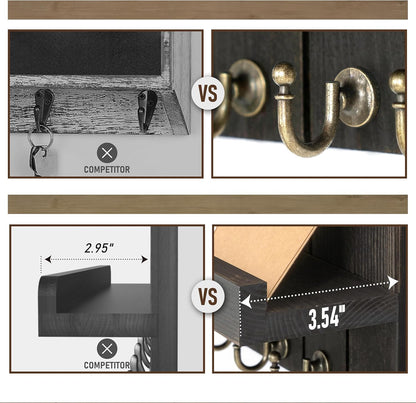 Decorative Key and Mail Holder for Wall - Farmhouse 15 Inches Floating Shelf with 7 Sturdy Key Hooks for Home Entryway Wall Decor - Rustic Key Racks (Black,15-inch)