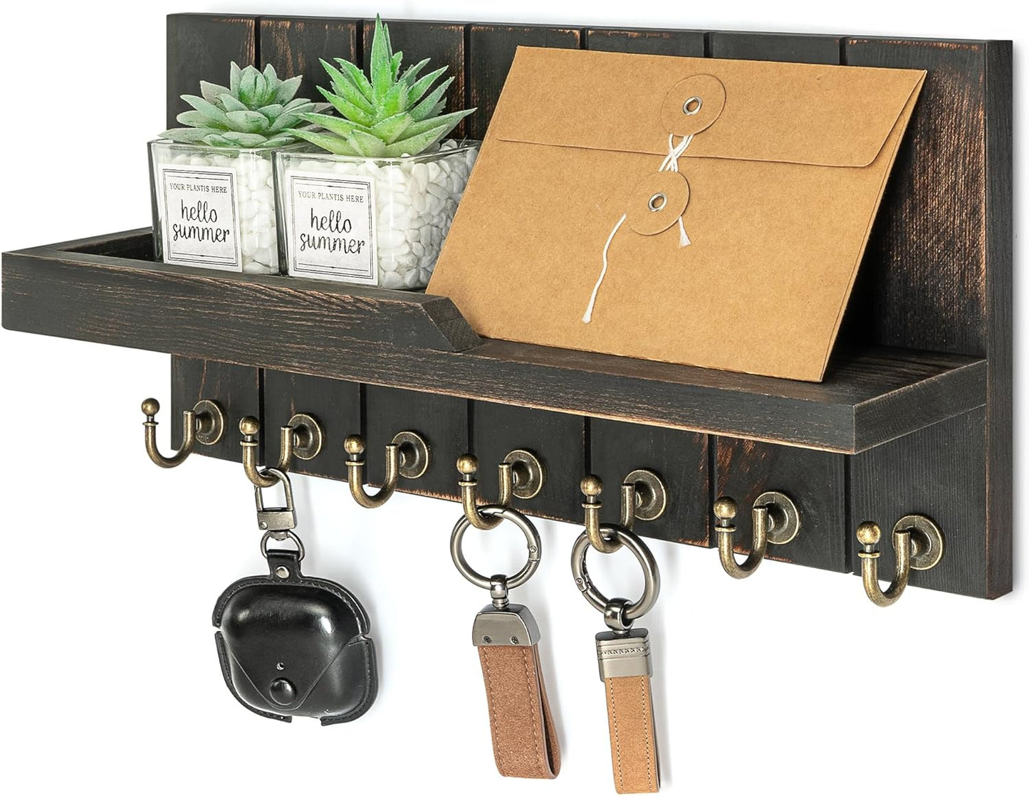 Decorative Key and Mail Holder for Wall - Farmhouse 15 Inches Floating Shelf with 7 Sturdy Key Hooks for Home Entryway Wall Decor - Rustic Key Racks (Black,15-inch)