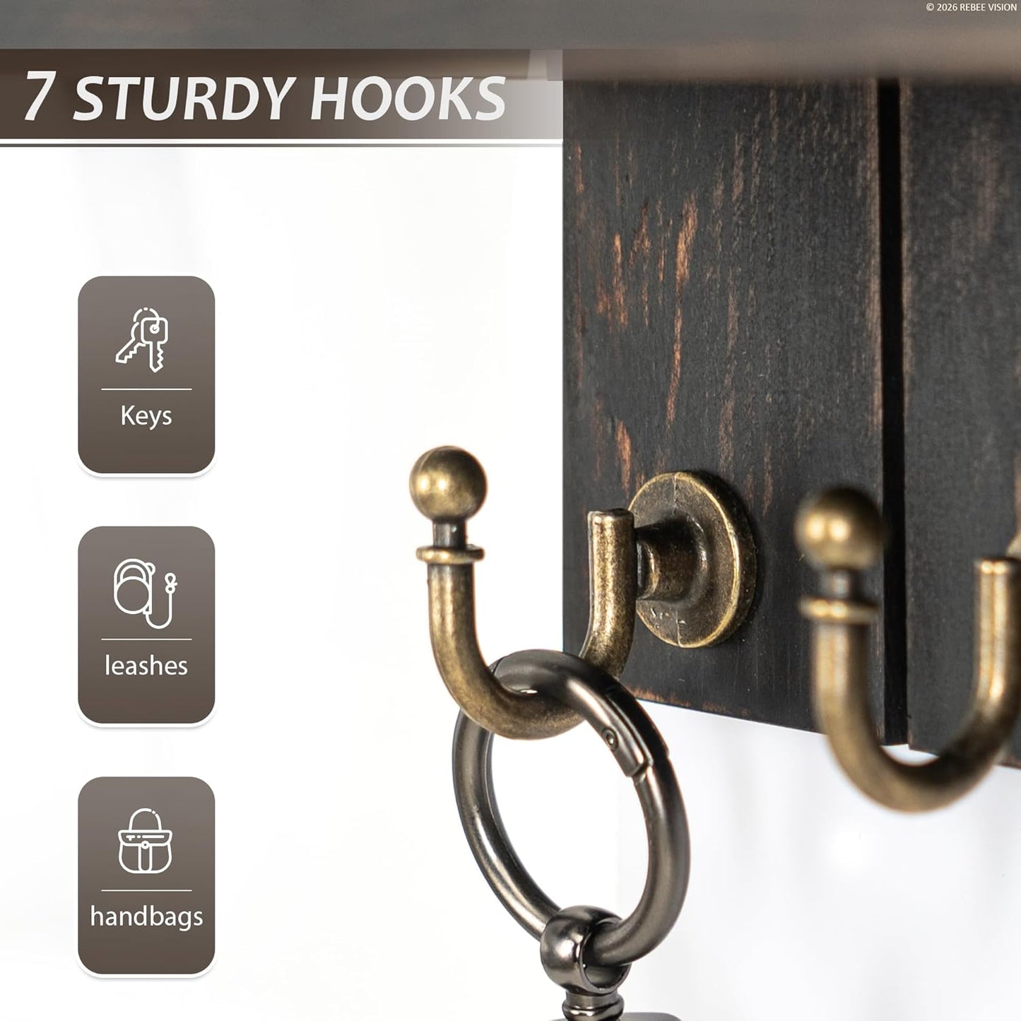Decorative Key and Mail Holder for Wall - Farmhouse 15 Inches Floating Shelf with 7 Sturdy Key Hooks for Home Entryway Wall Decor - Rustic Key Racks (Black,15-inch)
