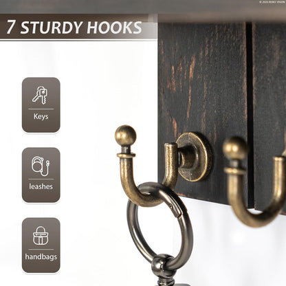Decorative Key and Mail Holder for Wall - Farmhouse 15 Inches Floating Shelf with 7 Sturdy Key Hooks for Home Entryway Wall Decor - Rustic Key Racks (Black,15-inch)