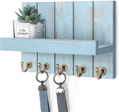 Decorative Key and Mail Holder for Wall - Farmhouse 15 Inches Floating Shelf with 7 Sturdy Key Hooks for Home Entryway Wall Decor - Rustic Key Racks (Black,15-inch)