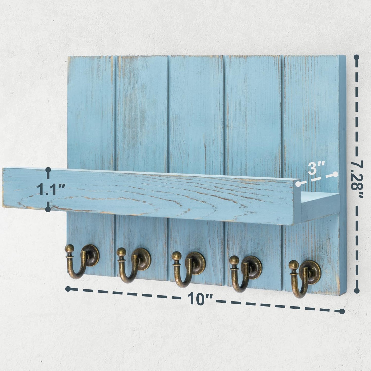Decorative Key and Mail Holder for Wall - Farmhouse 15 Inches Floating Shelf with 7 Sturdy Key Hooks for Home Entryway Wall Decor - Rustic Key Racks (Black,15-inch)