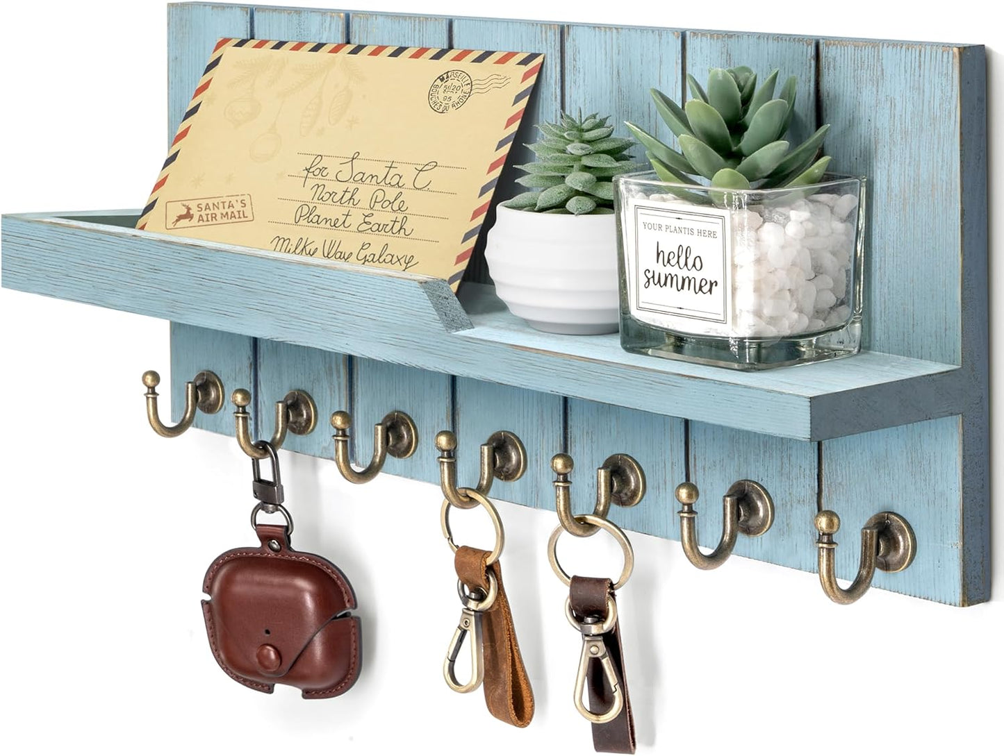 Decorative Key and Mail Holder for Wall - Farmhouse 15 Inches Floating Shelf with 7 Sturdy Key Hooks for Home Entryway Wall Decor - Rustic Key Racks (Black,15-inch)