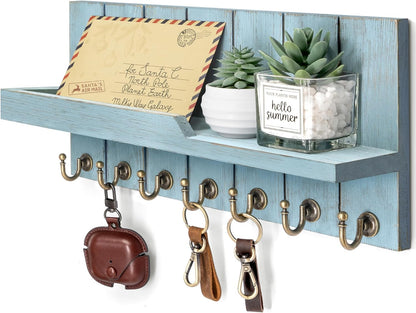 Decorative Key and Mail Holder for Wall - Farmhouse 15 Inches Floating Shelf with 7 Sturdy Key Hooks for Home Entryway Wall Decor - Rustic Key Racks (Black,15-inch)