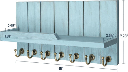 Decorative Key and Mail Holder for Wall - Farmhouse 15 Inches Floating Shelf with 7 Sturdy Key Hooks for Home Entryway Wall Decor - Rustic Key Racks (Black,15-inch)