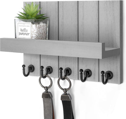 Decorative Key and Mail Holder for Wall - Farmhouse 15 Inches Floating Shelf with 7 Sturdy Key Hooks for Home Entryway Wall Decor - Rustic Key Racks (Black,15-inch)