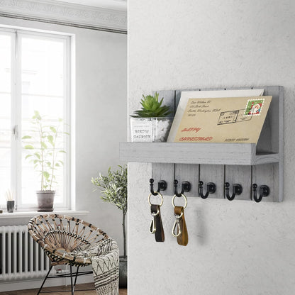 Decorative Key and Mail Holder for Wall - Farmhouse 15 Inches Floating Shelf with 7 Sturdy Key Hooks for Home Entryway Wall Decor - Rustic Key Racks (Black,15-inch)
