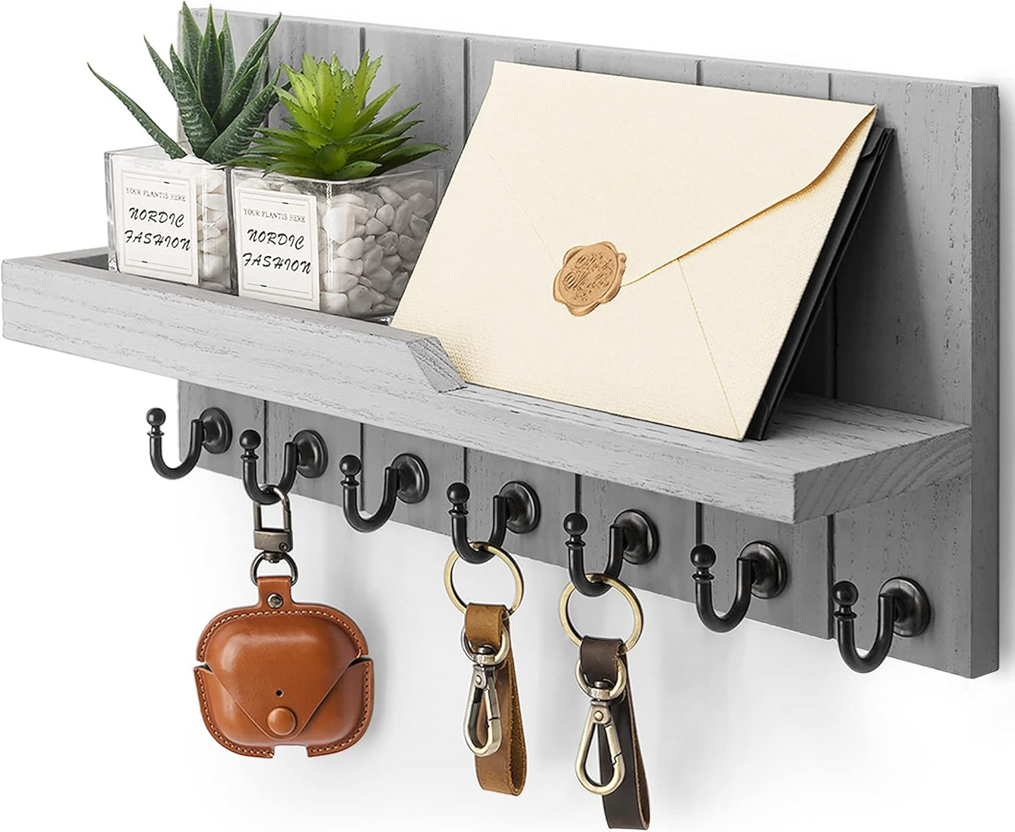 Decorative Key and Mail Holder for Wall - Farmhouse 15 Inches Floating Shelf with 7 Sturdy Key Hooks for Home Entryway Wall Decor - Rustic Key Racks (Black,15-inch)