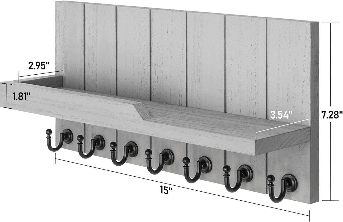 Decorative Key and Mail Holder for Wall - Farmhouse 15 Inches Floating Shelf with 7 Sturdy Key Hooks for Home Entryway Wall Decor - Rustic Key Racks (Black,15-inch)