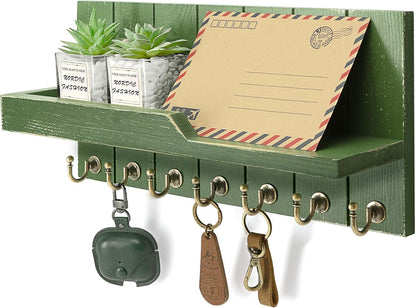 Decorative Key and Mail Holder for Wall - Farmhouse 15 Inches Floating Shelf with 7 Sturdy Key Hooks for Home Entryway Wall Decor - Rustic Key Racks (Black,15-inch)