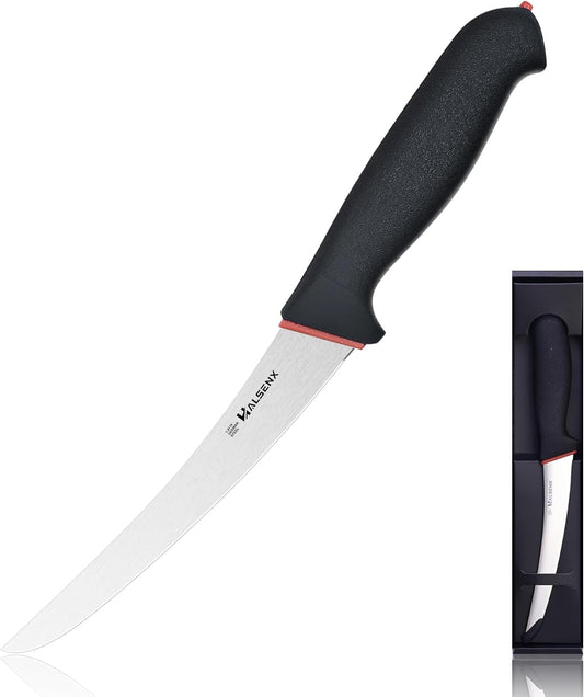 6" Curved Stiff Boning Knife, Non-Slip Grip for Meat Cutting | Non-Slip SoftGrip Handle, Sharp, High-Carbon Steel, Effortless Deboning, For Beef, Pork & Poultry, Ideal for Filleting.