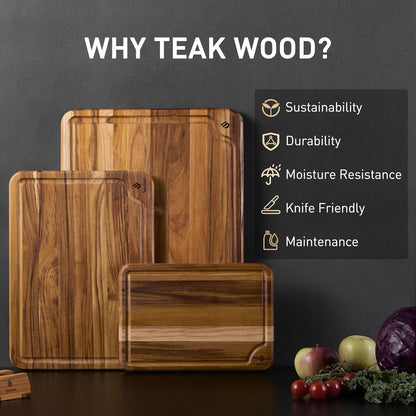 3 Pack Teak Wood Cutting Board Set for Kitchen Charcuterie Board Serving Heavy Duty Non Toxic Slip Over Sink Solid Thick Haus Wooden Chopping Board Large Big Small Meat Best Kitchen Mother Gift