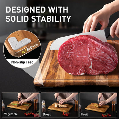 3 Pack Teak Wood Cutting Board Set for Kitchen Charcuterie Board Serving Heavy Duty Non Toxic Slip Over Sink Solid Thick Haus Wooden Chopping Board Large Big Small Meat Best Kitchen Mother Gift