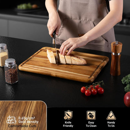 3 Pack Teak Wood Cutting Board Set for Kitchen Charcuterie Board Serving Heavy Duty Non Toxic Slip Over Sink Solid Thick Haus Wooden Chopping Board Large Big Small Meat Best Kitchen Mother Gift