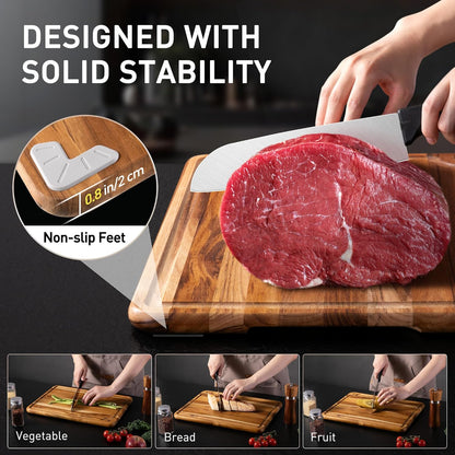 3 Pack Teak Wood Cutting Board Set for Kitchen Charcuterie Board Serving Heavy Duty Non Toxic Slip Over Sink Solid Thick Haus Wooden Chopping Board Large Big Small Meat Best Kitchen Mother Gift
