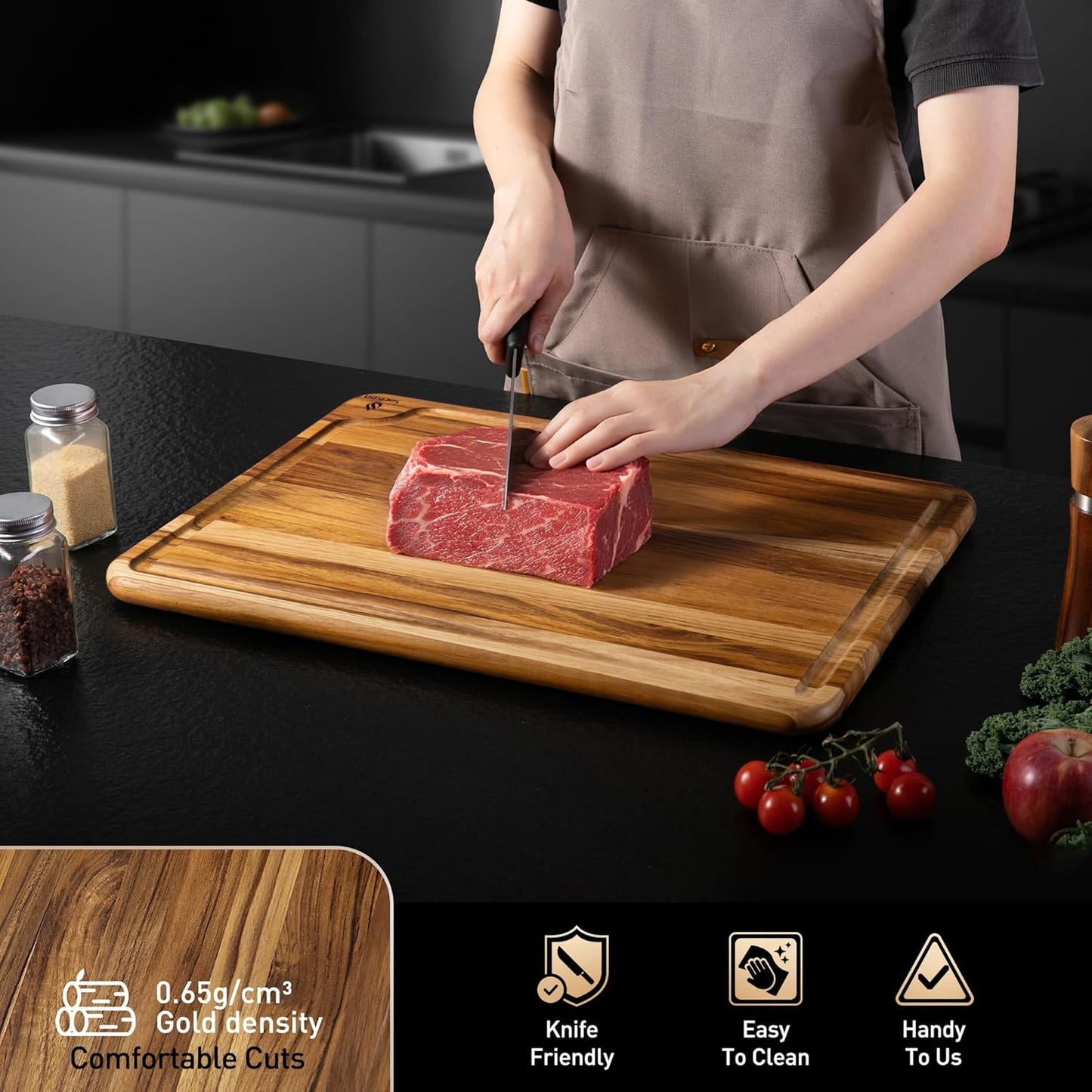 3 Pack Teak Wood Cutting Board Set for Kitchen Charcuterie Board Serving Heavy Duty Non Toxic Slip Over Sink Solid Thick Haus Wooden Chopping Board Large Big Small Meat Best Kitchen Mother Gift