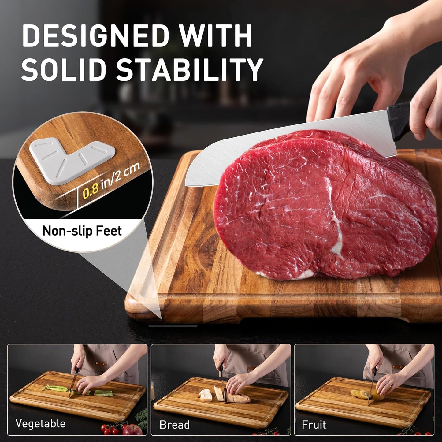 3 Pack Teak Wood Cutting Board Set for Kitchen Charcuterie Board Serving Heavy Duty Non Toxic Slip Over Sink Solid Thick Haus Wooden Chopping Board Large Big Small Meat Best Kitchen Mother Gift