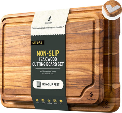 3 Pack Teak Wood Cutting Board Set for Kitchen Charcuterie Board Serving Heavy Duty Non Toxic Slip Over Sink Solid Thick Haus Wooden Chopping Board Large Big Small Meat Best Kitchen Mother Gift