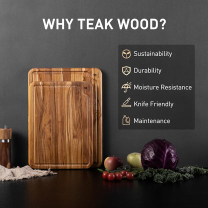 3 Pack Teak Wood Cutting Board Set for Kitchen Charcuterie Board Serving Heavy Duty Non Toxic Slip Over Sink Solid Thick Haus Wooden Chopping Board Large Big Small Meat Best Kitchen Mother Gift