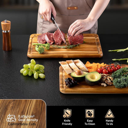 3 Pack Teak Wood Cutting Board Set for Kitchen Charcuterie Board Serving Heavy Duty Non Toxic Slip Over Sink Solid Thick Haus Wooden Chopping Board Large Big Small Meat Best Kitchen Mother Gift