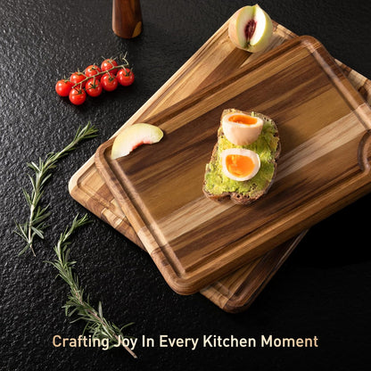 3 Pack Teak Wood Cutting Board Set for Kitchen Charcuterie Board Serving Heavy Duty Non Toxic Slip Over Sink Solid Thick Haus Wooden Chopping Board Large Big Small Meat Best Kitchen Mother Gift